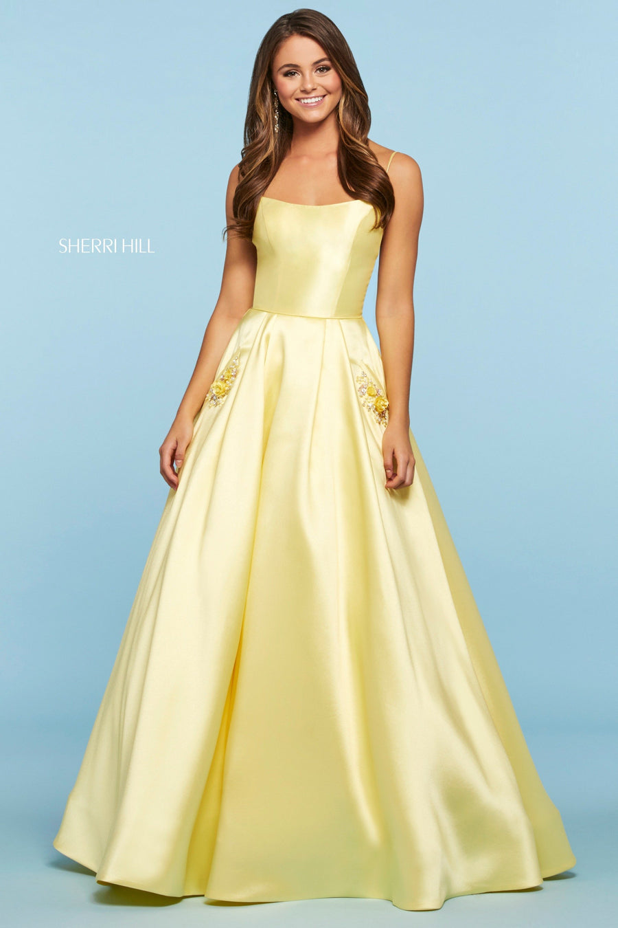 Sherri Hill style 53407 in light blue, Mikado Ball Gown with Rounded Neckline
