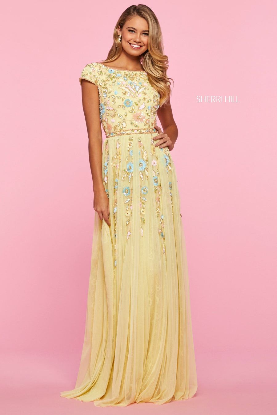 Sherri Hill style 53555 in light blue/multi, Floral Beaded Gown with Cap Sleeve Bodice