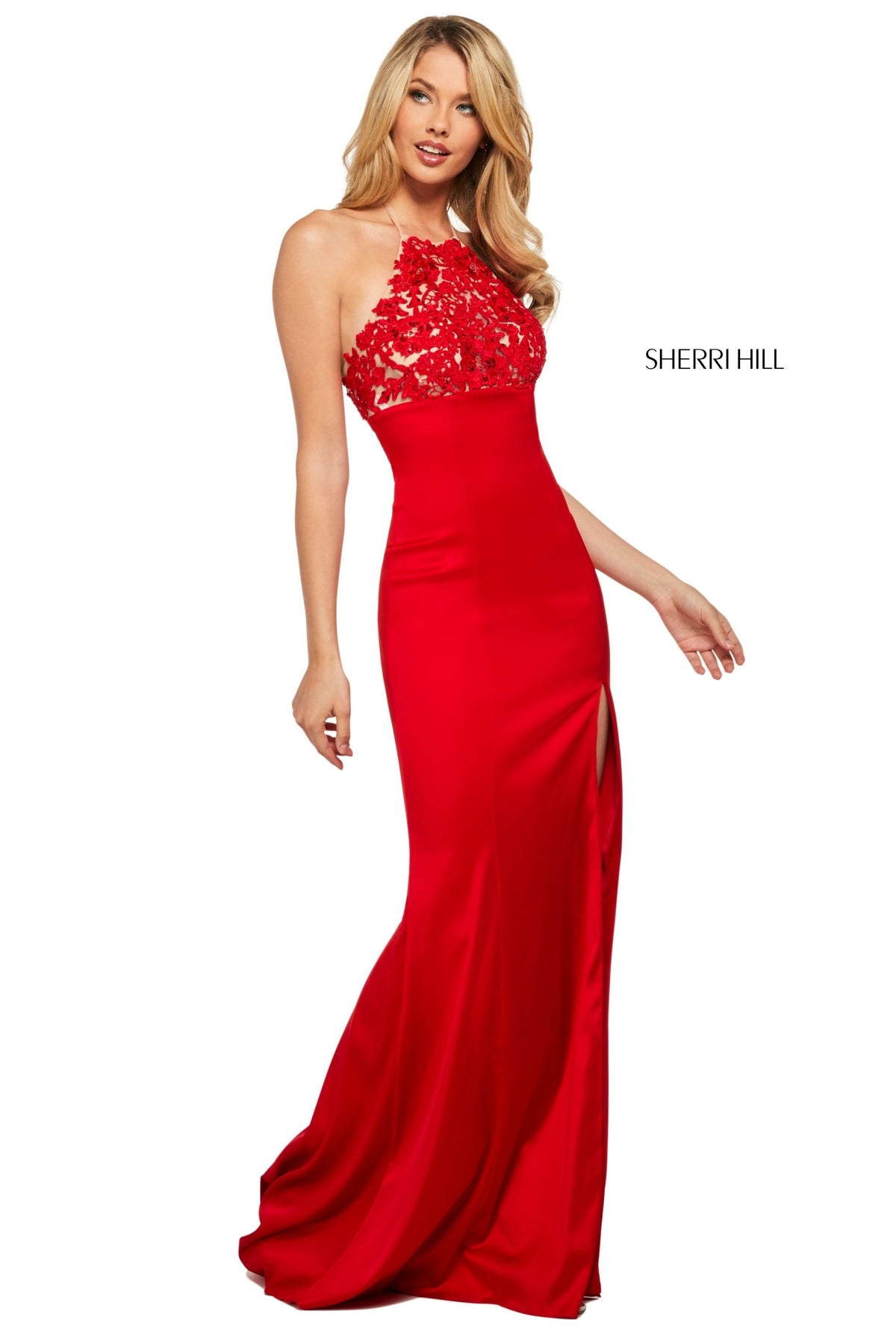 Sherri Hill 53394 back, and ruched lower back on satin skirt in red