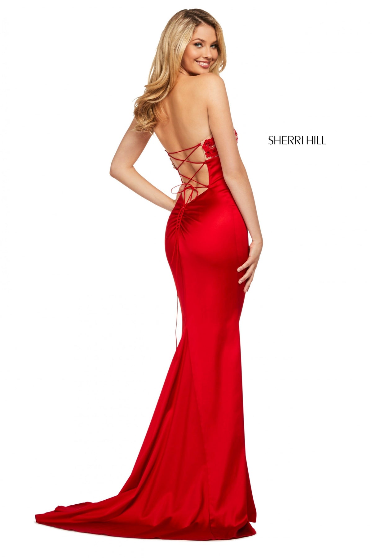 Sherri Hill 53394 back, and ruched lower back on satin skirt