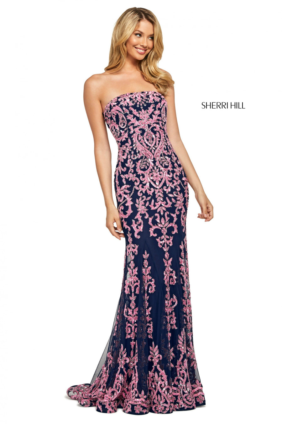 Sherri Hill style 53452 in burgundy, Beaded Gown with Strapless Neckline