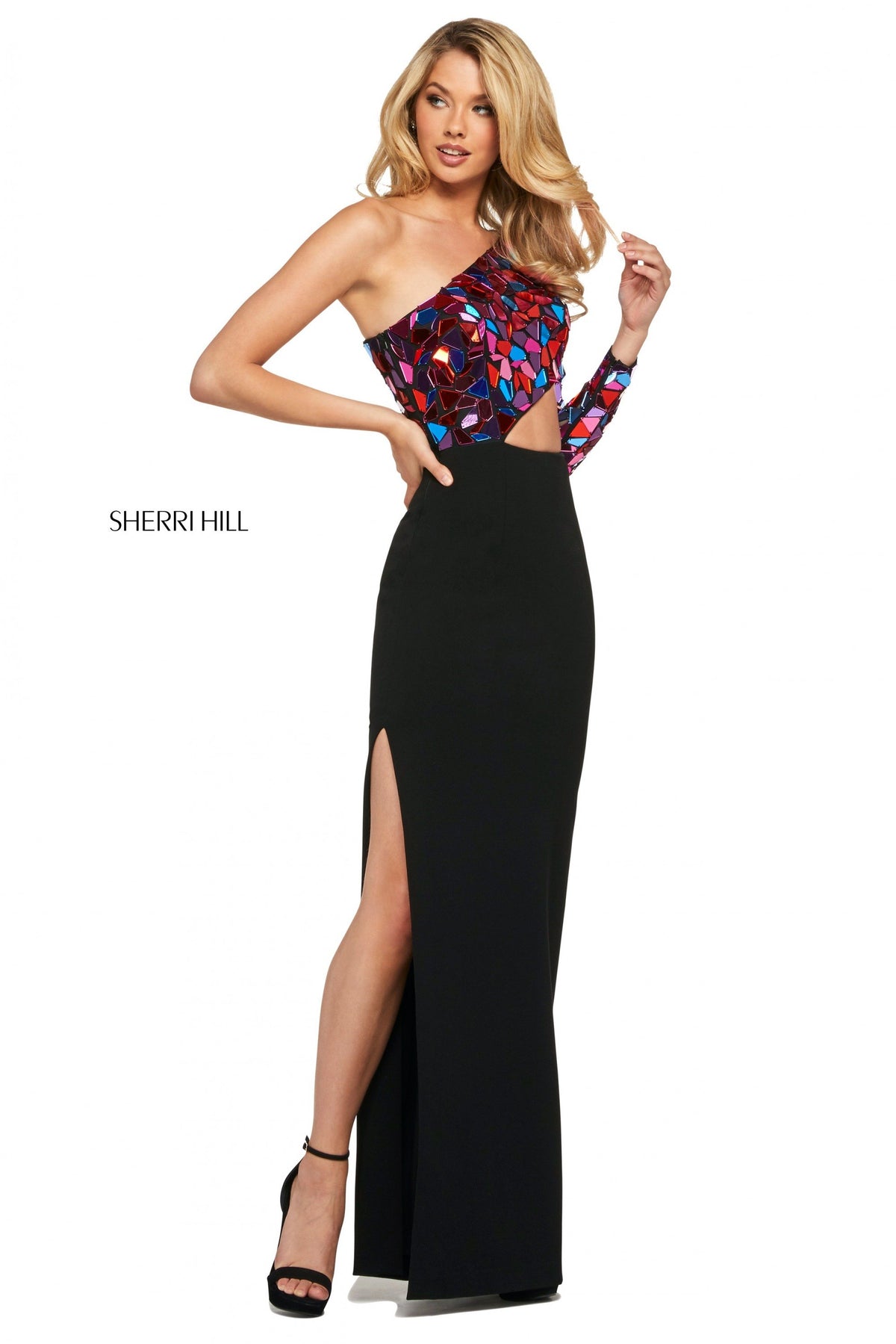 Sherri Hill 53466 fitted scuba dress in black with multi