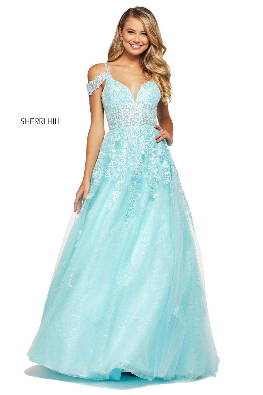 Sherri Hill style 53518 in aqua, Lace and Glitter Tulle Ball Gown