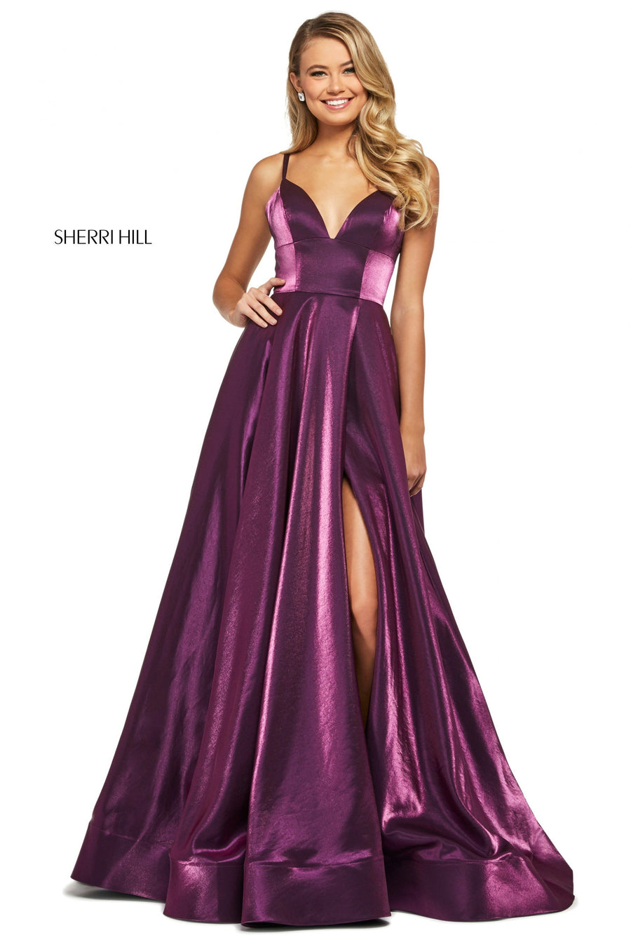 Sherri Hill style 53548 in royal, Satin Back Shimmer A-Line and Skirt Slit