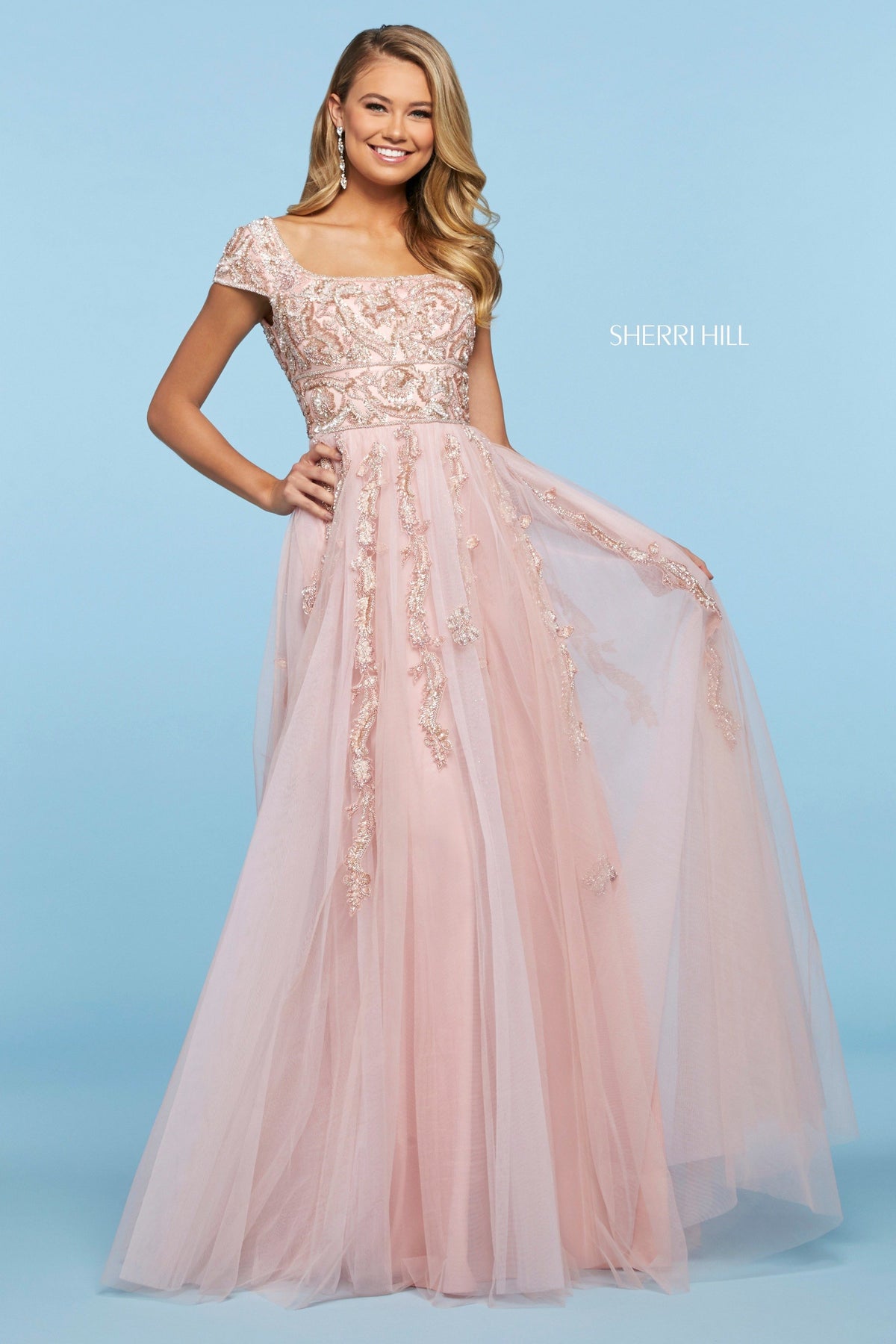 Sherri Hill 53623 tulle gown with beaded applique in blush
