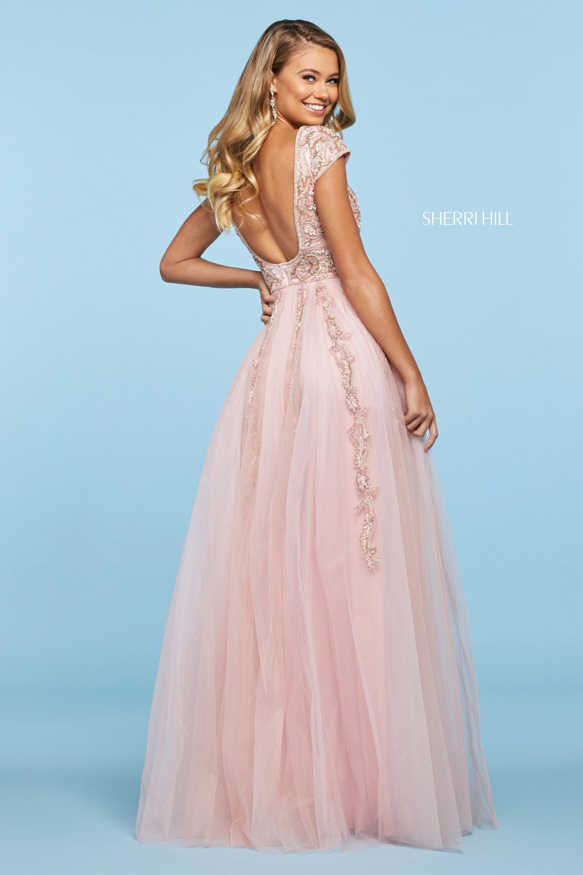 Sherri Hill 53623 tulle gown with beaded applique in blush