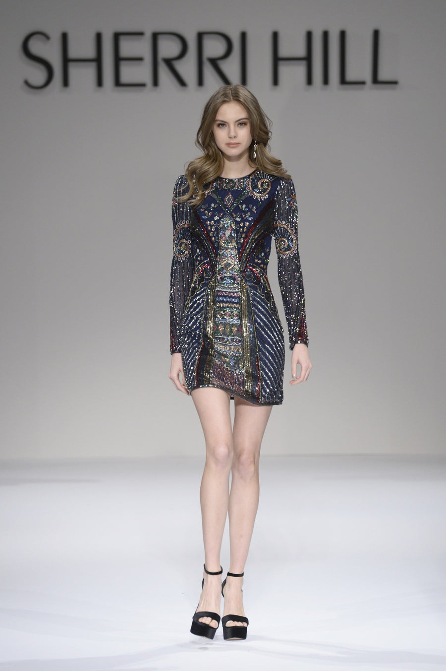 Sherri Hill style 52103 in navy/multi, Long Sleeve Beaded Cocktail Dress