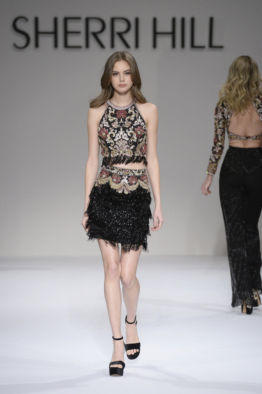 Sherri Hill style 52102 in black/multi, Beaded Two Piece Beaded Fringe Skirt