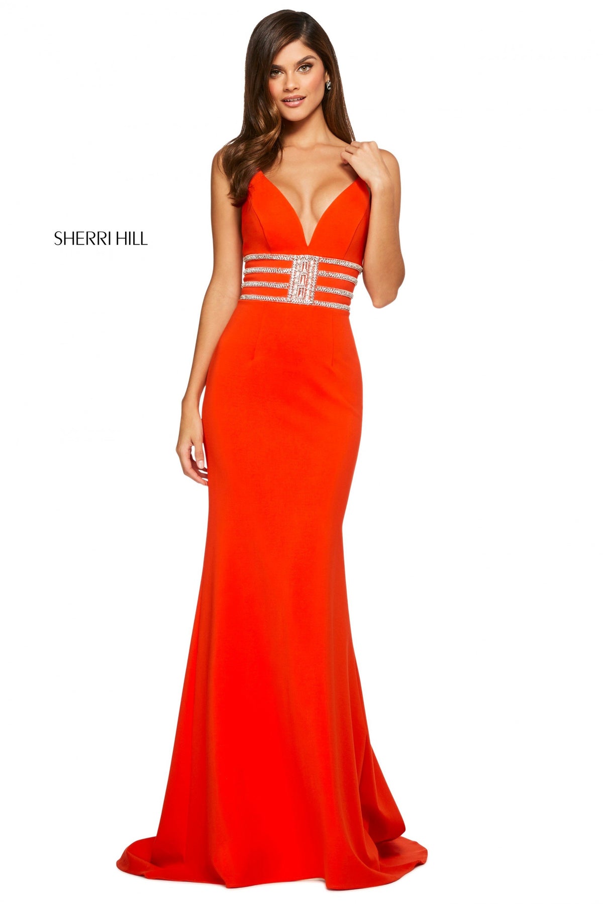 Sherri Hill 53331 scuba gown with sweetheart V-neckline in orange