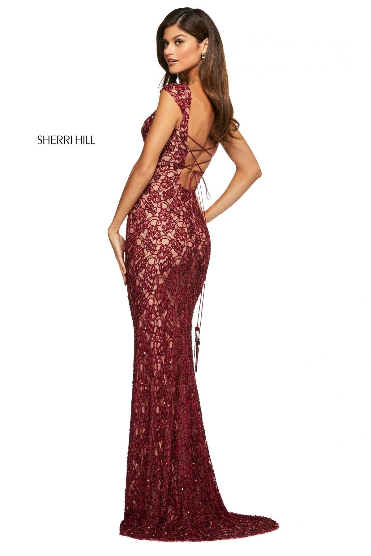 Sherri Hill 53446 fitted lace gown with bateau neckline in burgundy