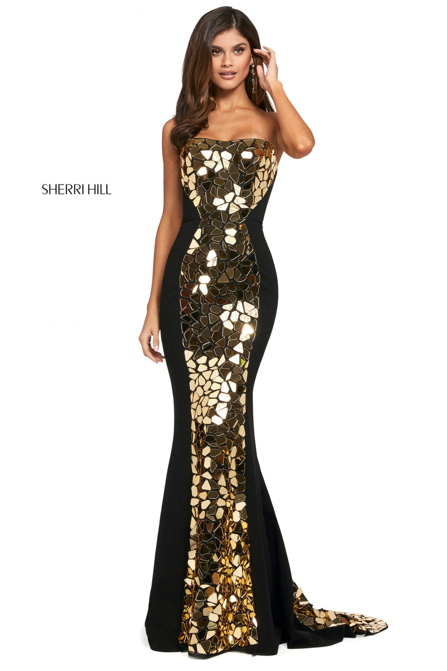 Sherri Hill style 53473 in black/silver, Fitted Scuba Dress with Strapless Neckline
