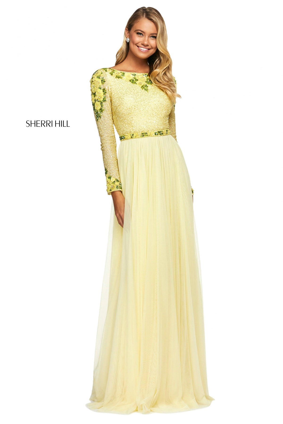 Sherri Hill 53485 chiffon skirt in yellow/green