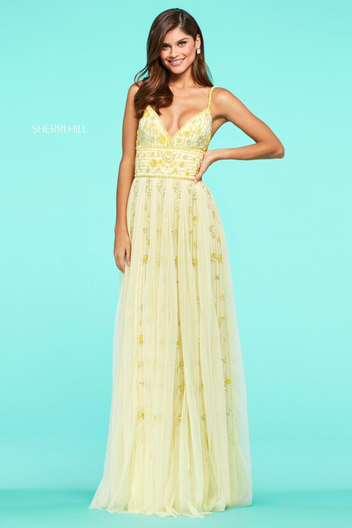 Sherri Hill 53487 beaded fitted gown in yellow