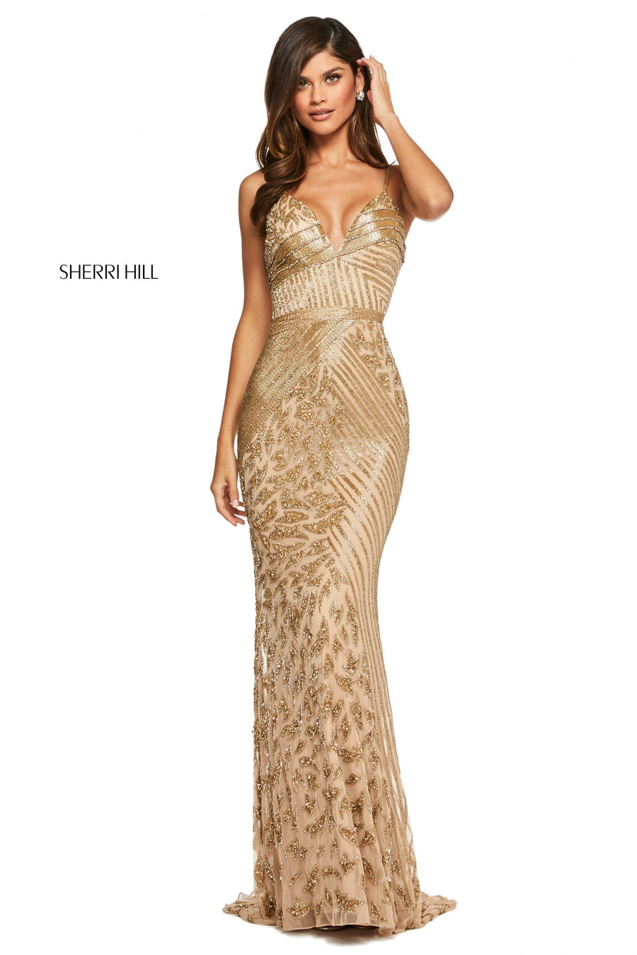 Sherri Hill style 53489 in gold, Fitted Beaded Gown with V Neckline