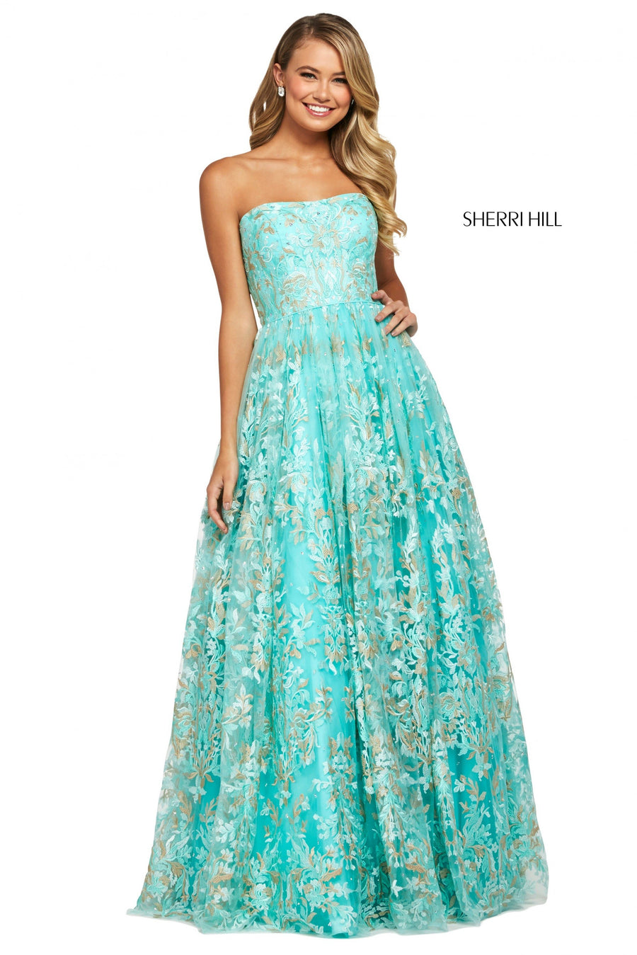 Sherri Hill style 53513 in aqua, Embroidered Chiffon A-Line Dress