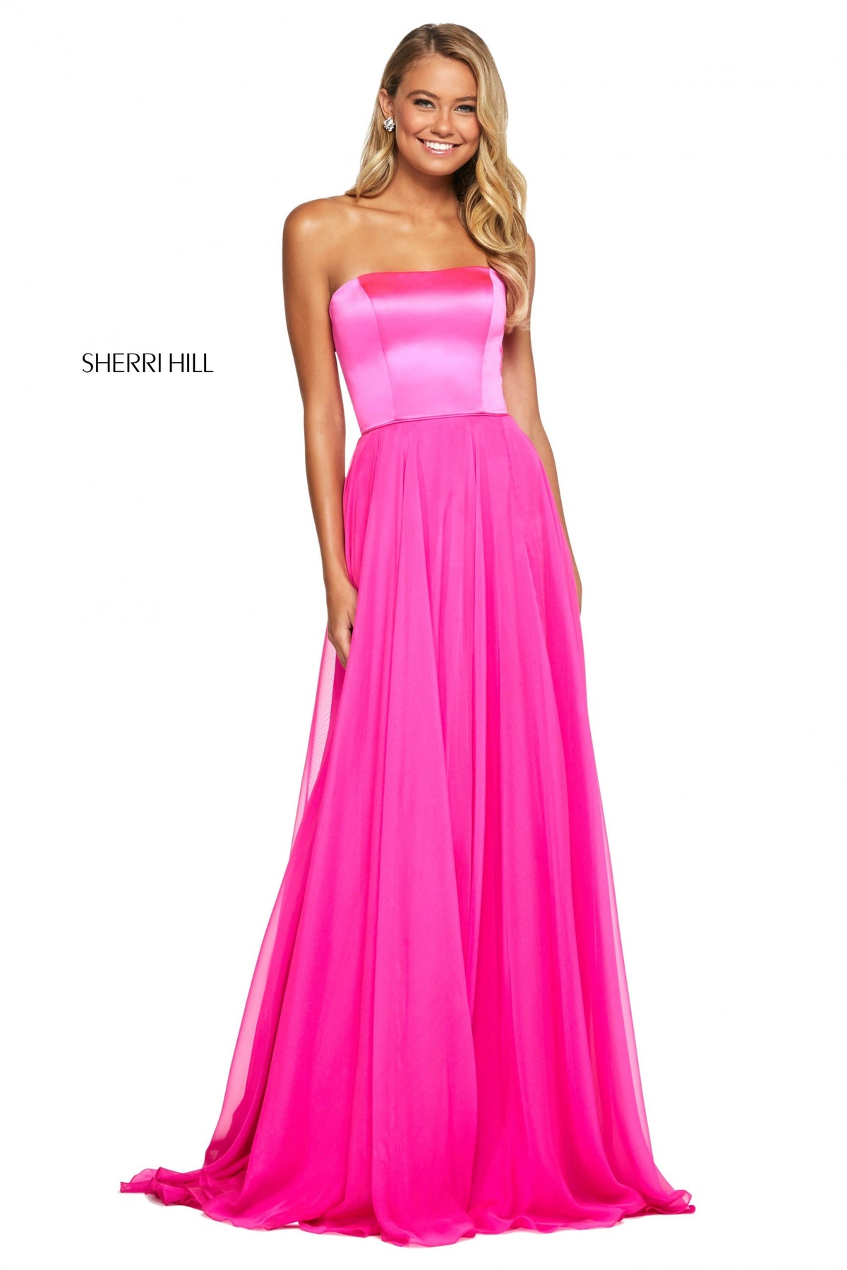 Sherri Hill 53574 strapless satin bodice with chiffon skirt