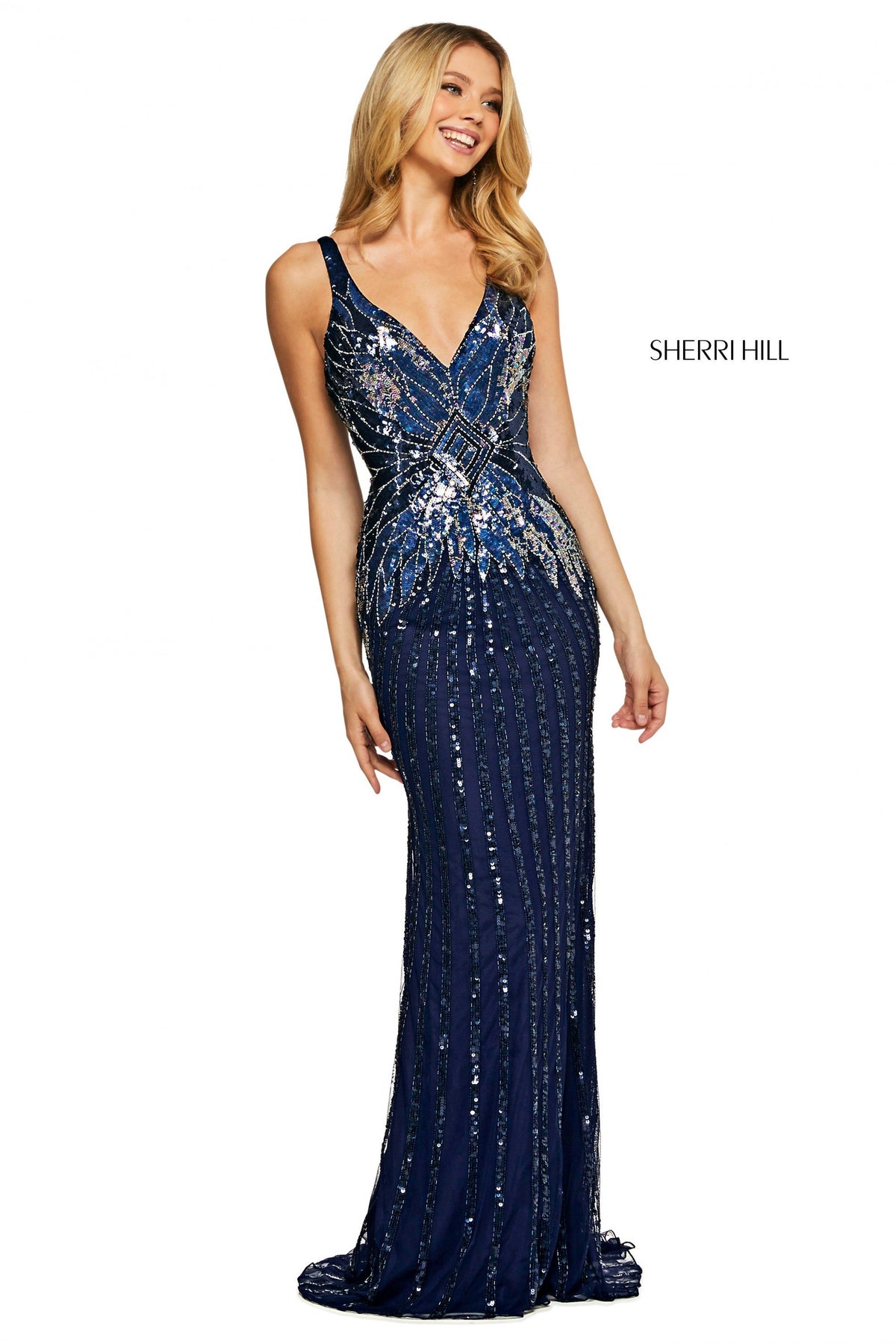 Sherri Hill 53593 pattern beaded and sequin fitted gown in navy/silver