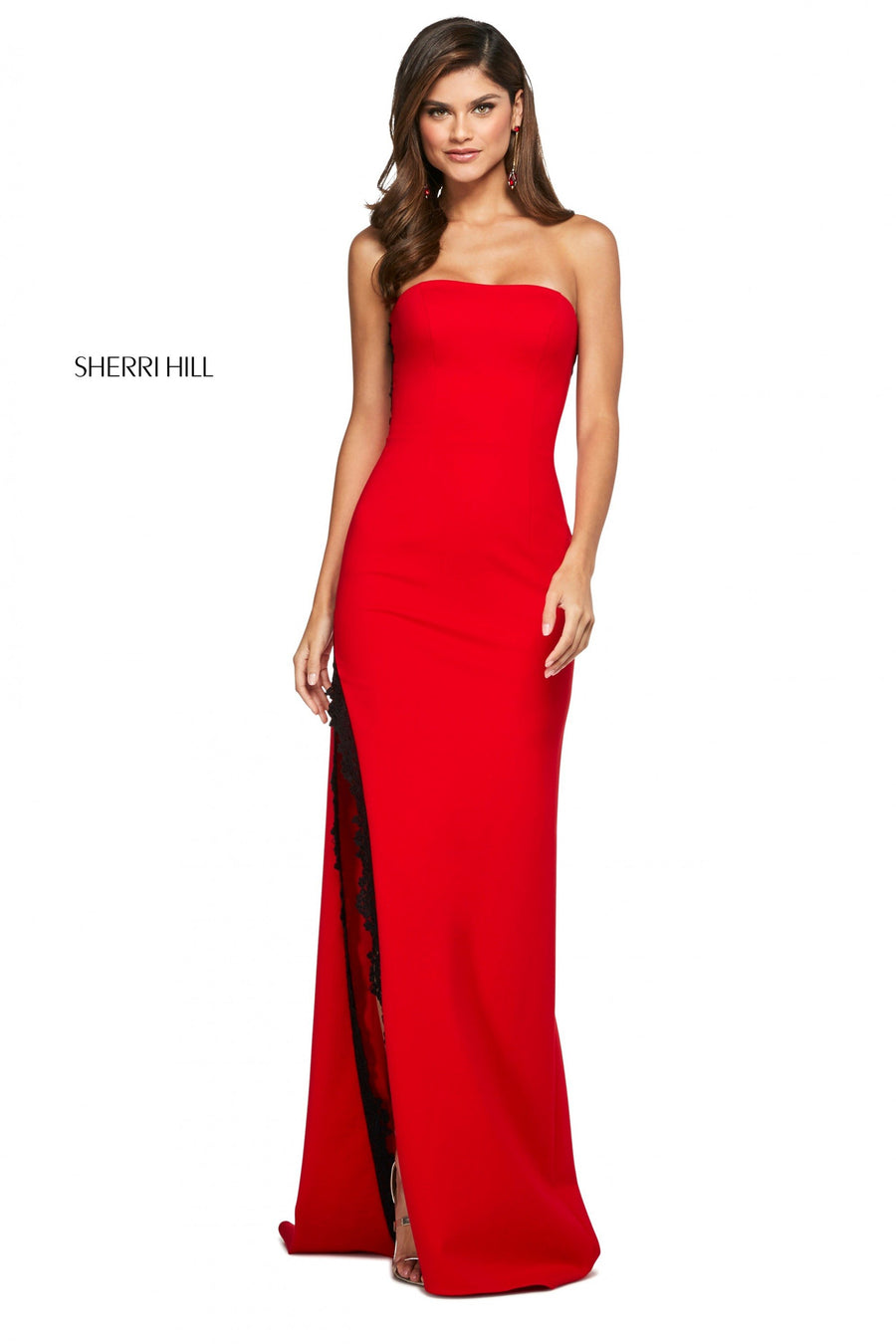 Sherri Hill style 53601 in ivory/black, Fitted Scuba Dress with Strapless Neckline