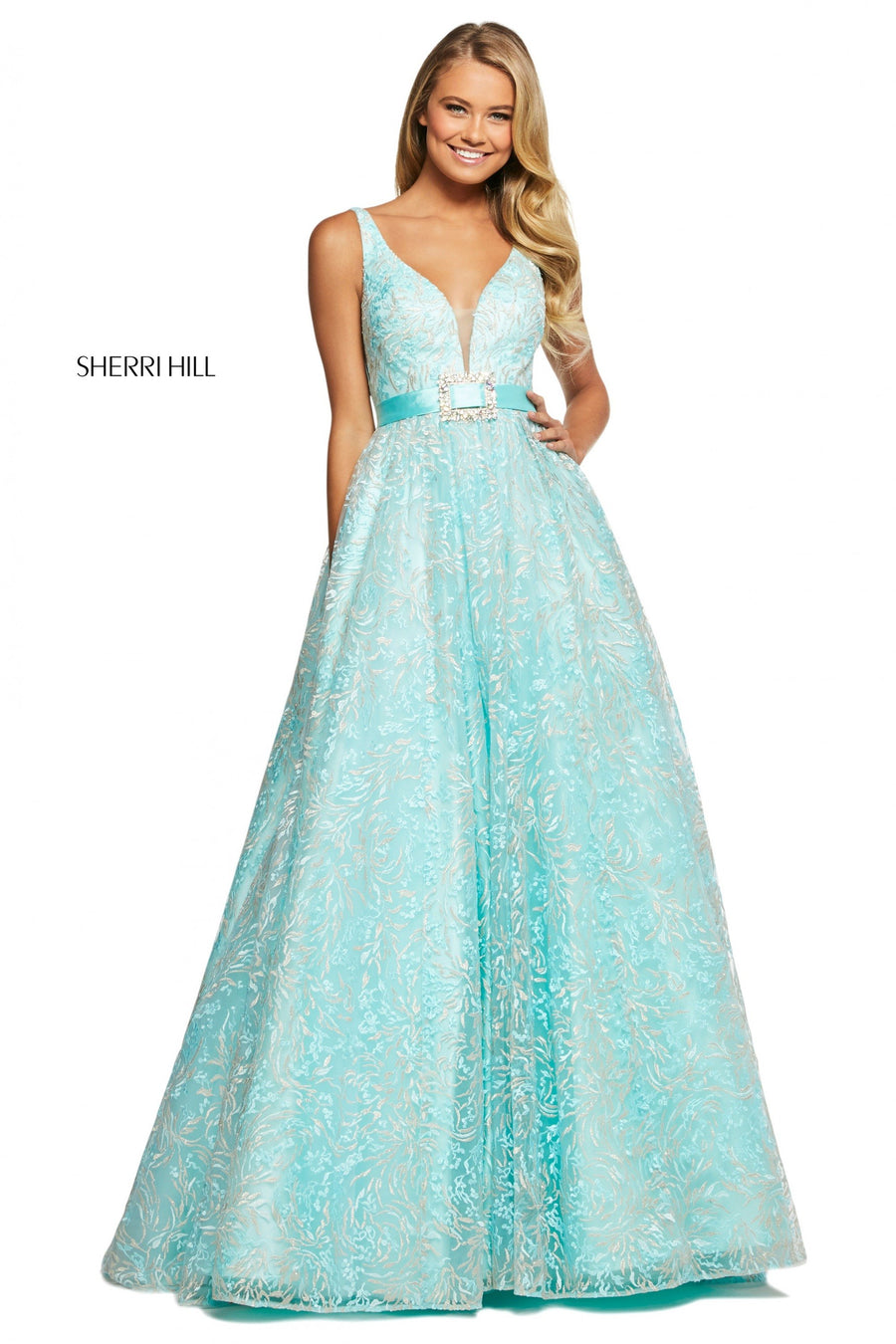 Sherri Hill style 53619 in light pink, Metallic Embroidered Organza Ball Gown