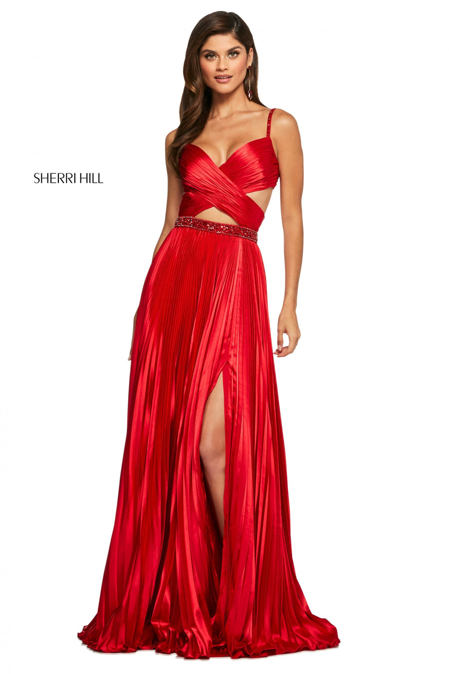 Sherri Hill style 53644 in red, Charmeuse Gown with Ruched Criss Cross Top