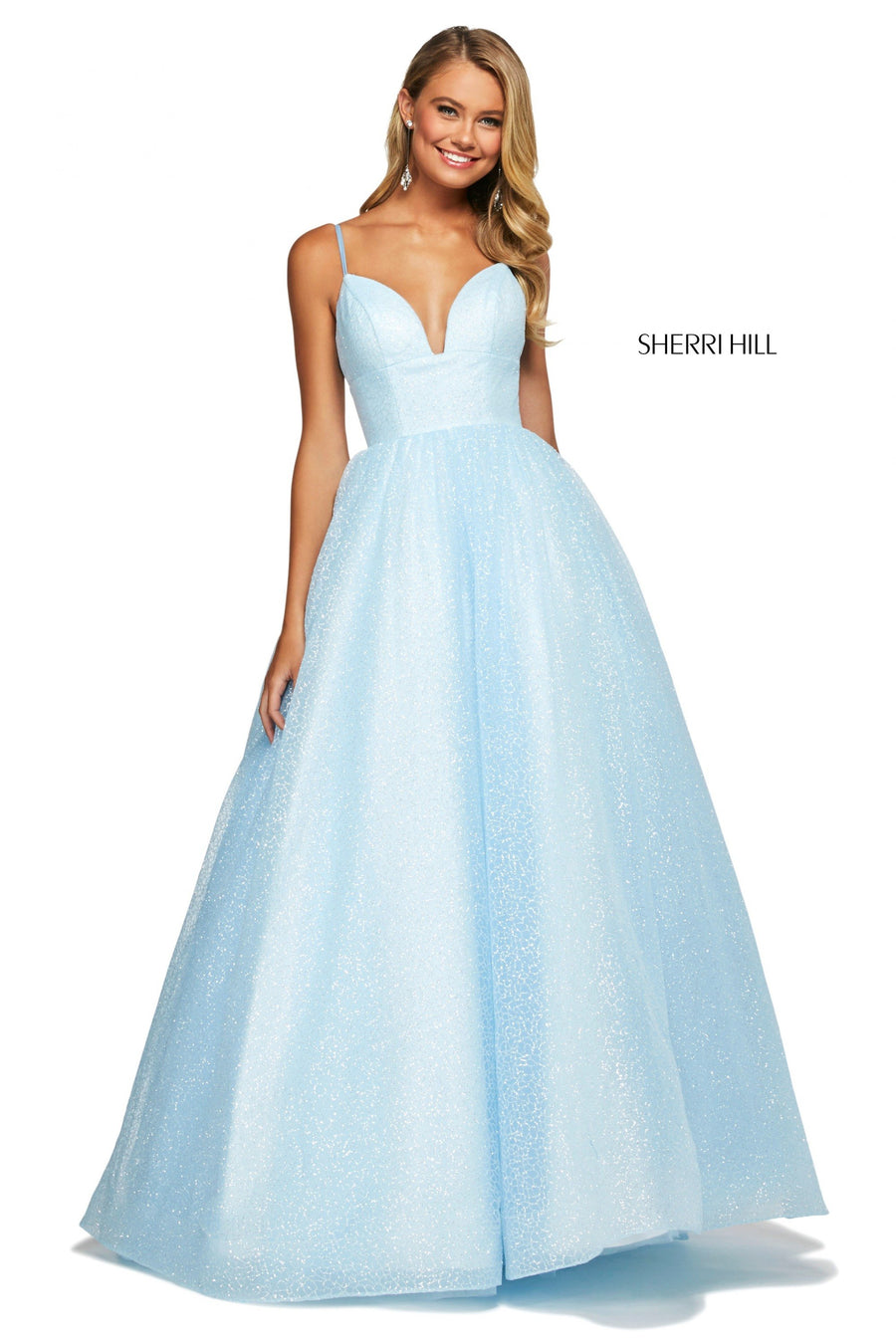 Sherri Hill style 53665 in white, Glitter Organza Ball Gown