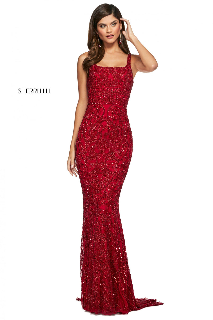Sherri Hill style 53691 in red, Beaded Column Dress with Straight Neckline