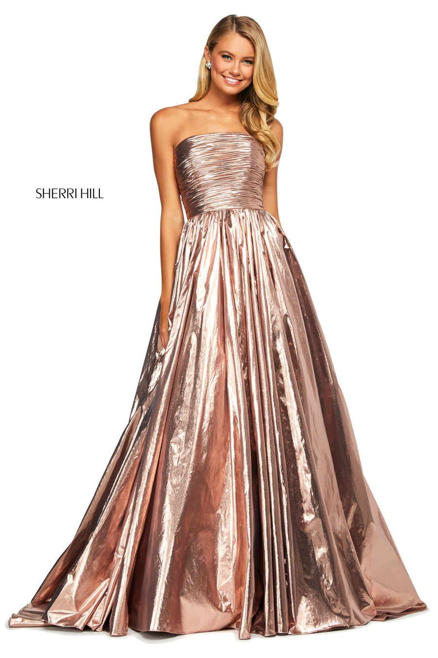 Sherri Hill style 53693 in copper, Foil Lame Strapless Ball Gown