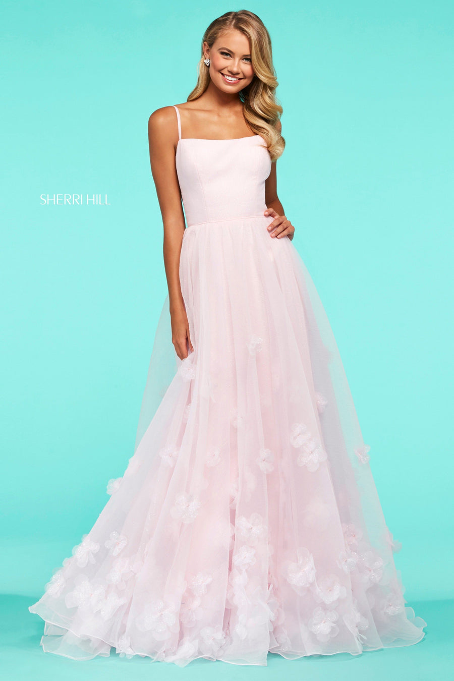 Sherri Hill style 53708 in ivory, Tulle A-Line Gown with Flower Appliques