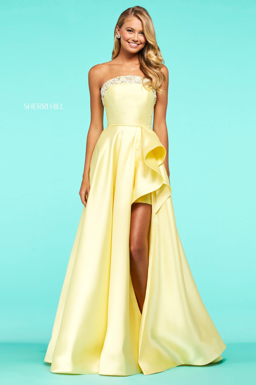 Sherri Hill style 53710 in yellow, Satin A-Line and Ruffle Slit in Skirt