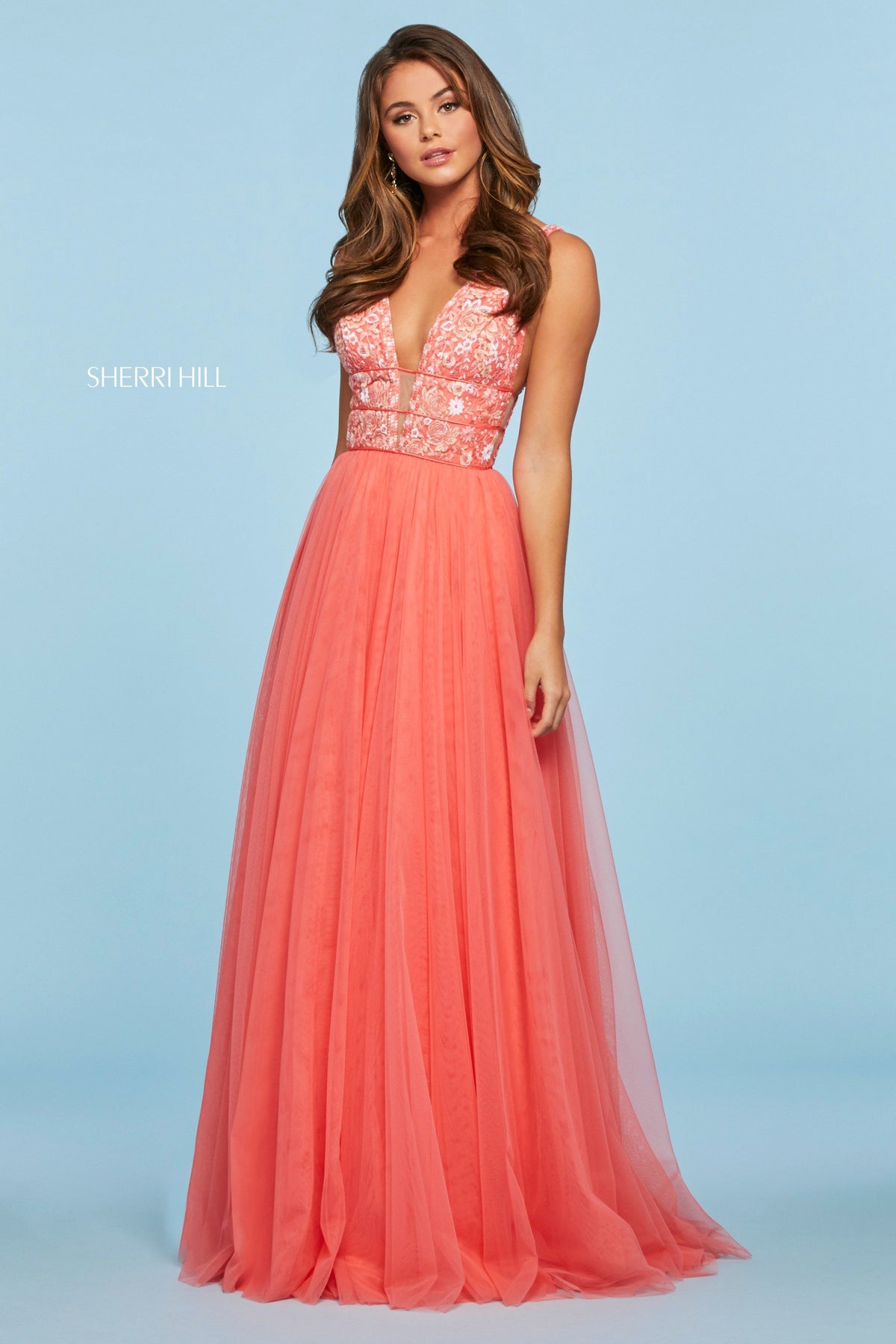 Sherri Hill 52672 neckline bodice with chiffon skirt in coral/coral