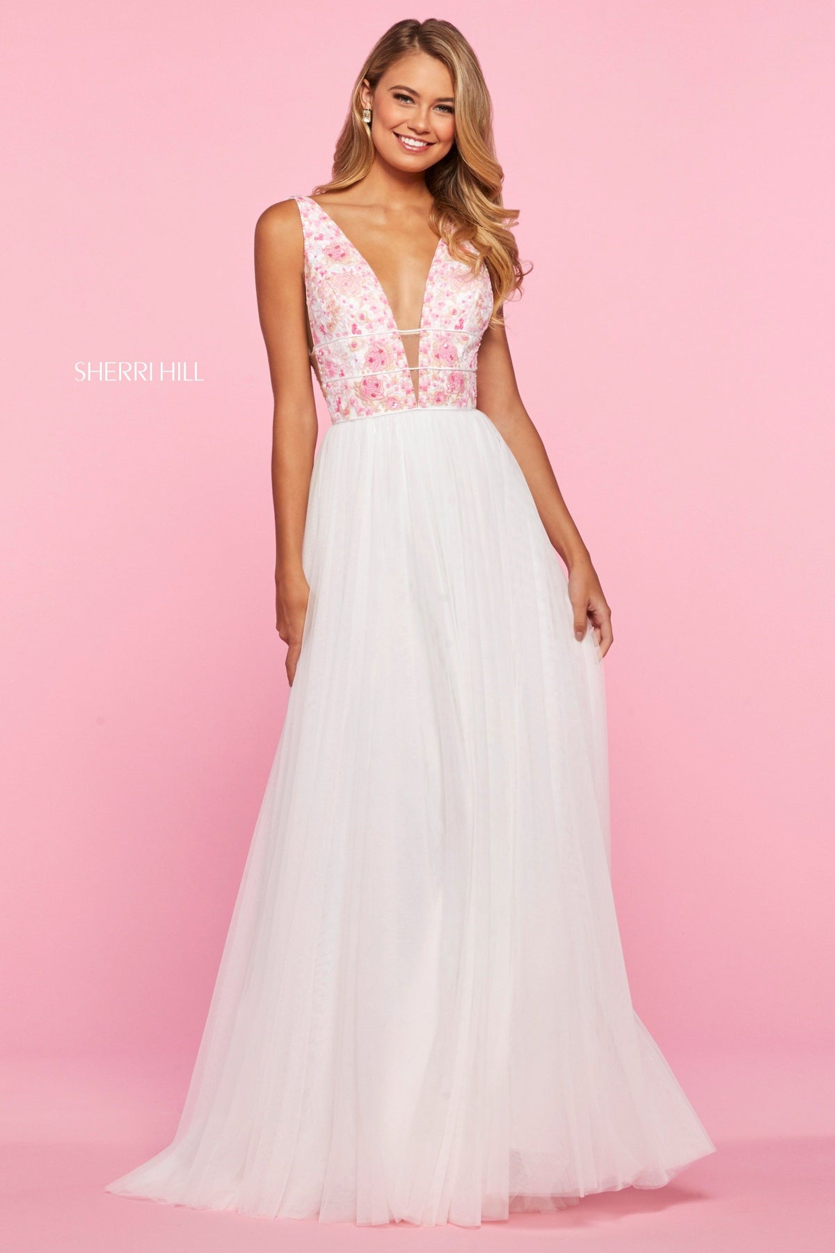 Sherri Hill 52672 neckline bodice with chiffon skirt