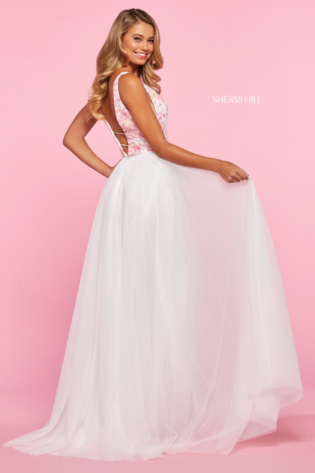 Sherri Hill 52672 neckline bodice with chiffon skirt