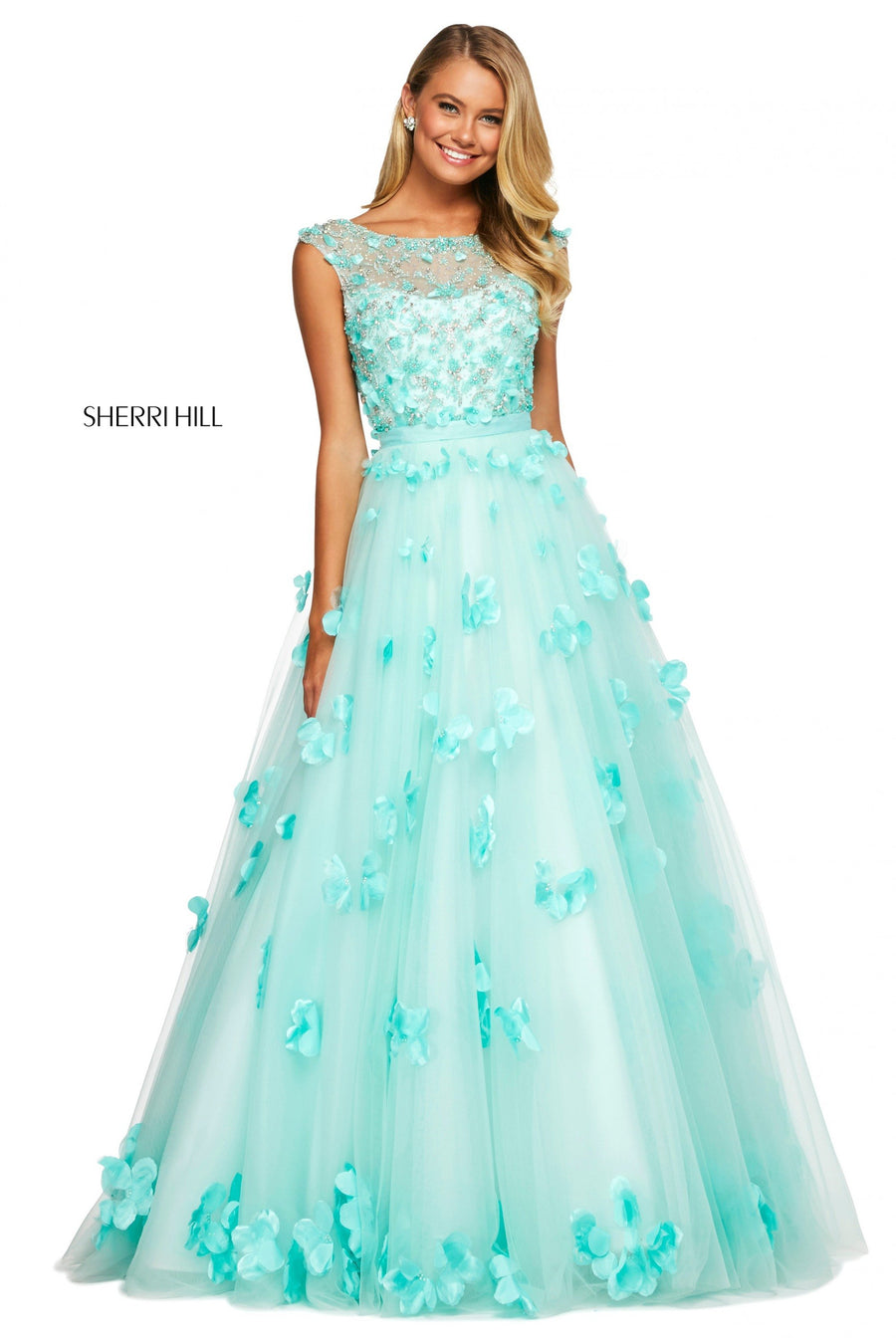 Sherri Hill style 53684 in aqua, Tulle Ball Gown with Flower Appliques