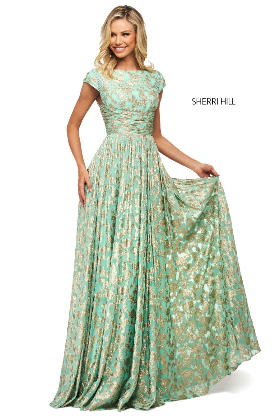 Sherri Hill style 53348 in aqua/gold, Metallic Cross Dyed Gown
