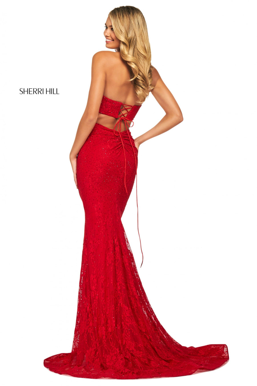 Sherri Hill style 53681 in red, Beaded Stretch Lace Fitted Gown
