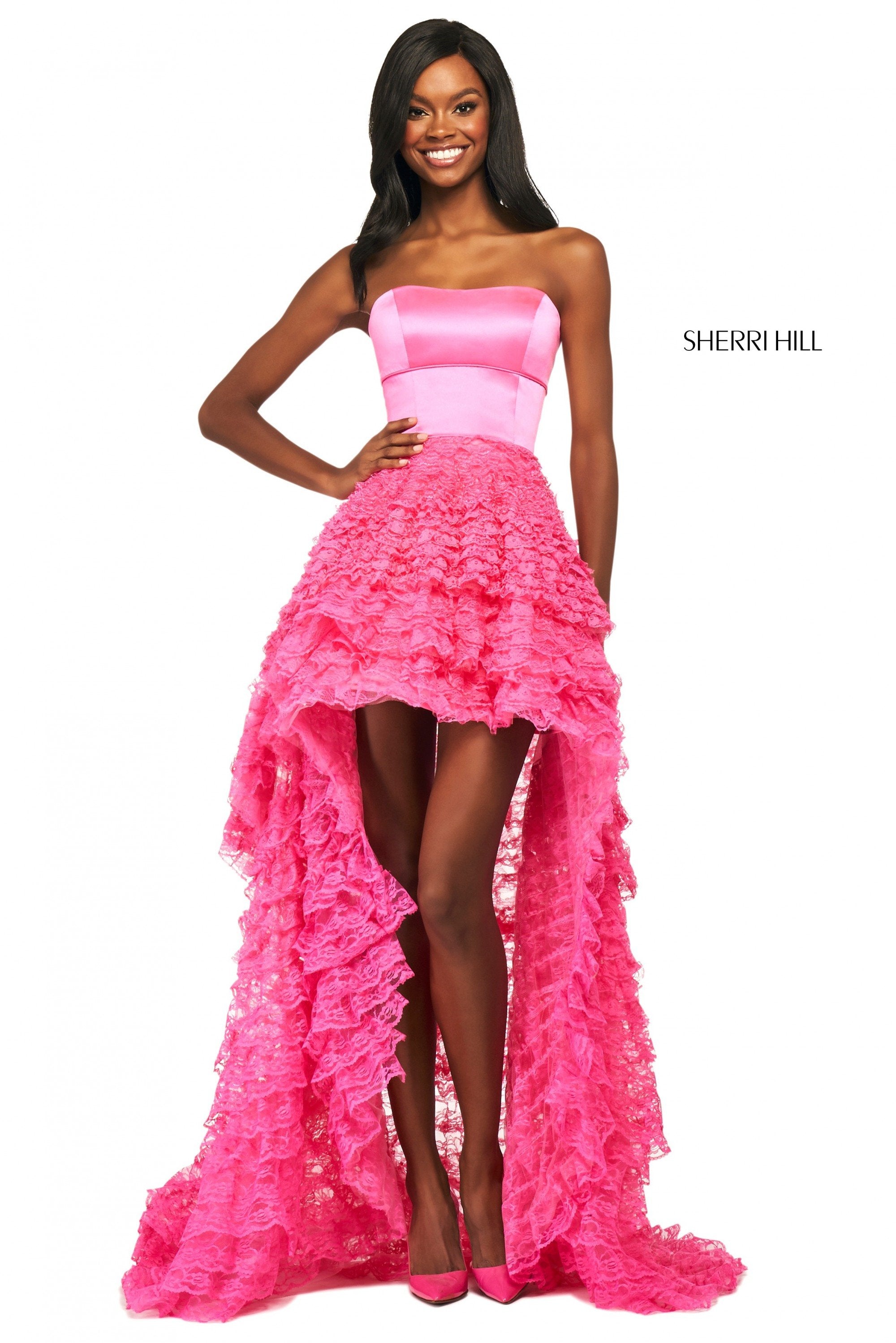 Sherri Hill 53720 | Ruffled Lace High-Low Ball Gown