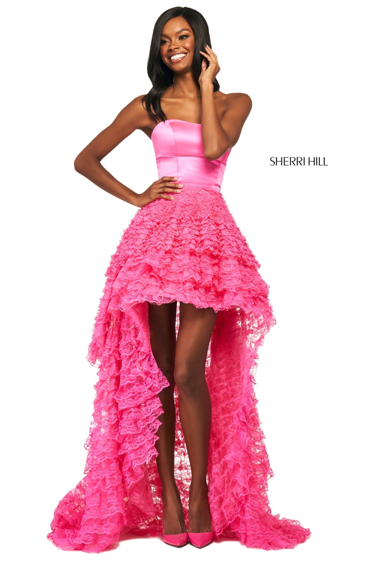 Sherri Hill 53720 ruffled lace high-low ball gown