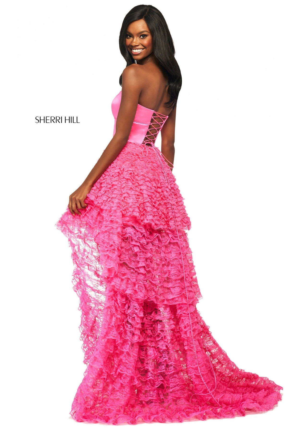 Sherri Hill 53720 ruffled lace high-low ball gown