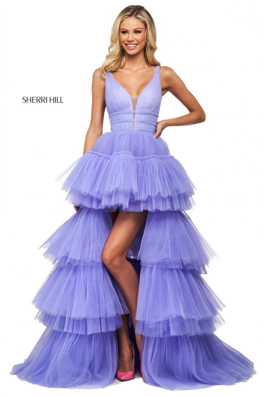 Sherri Hill style 53733 in lilac, Tulle Tiered High-Low Dress