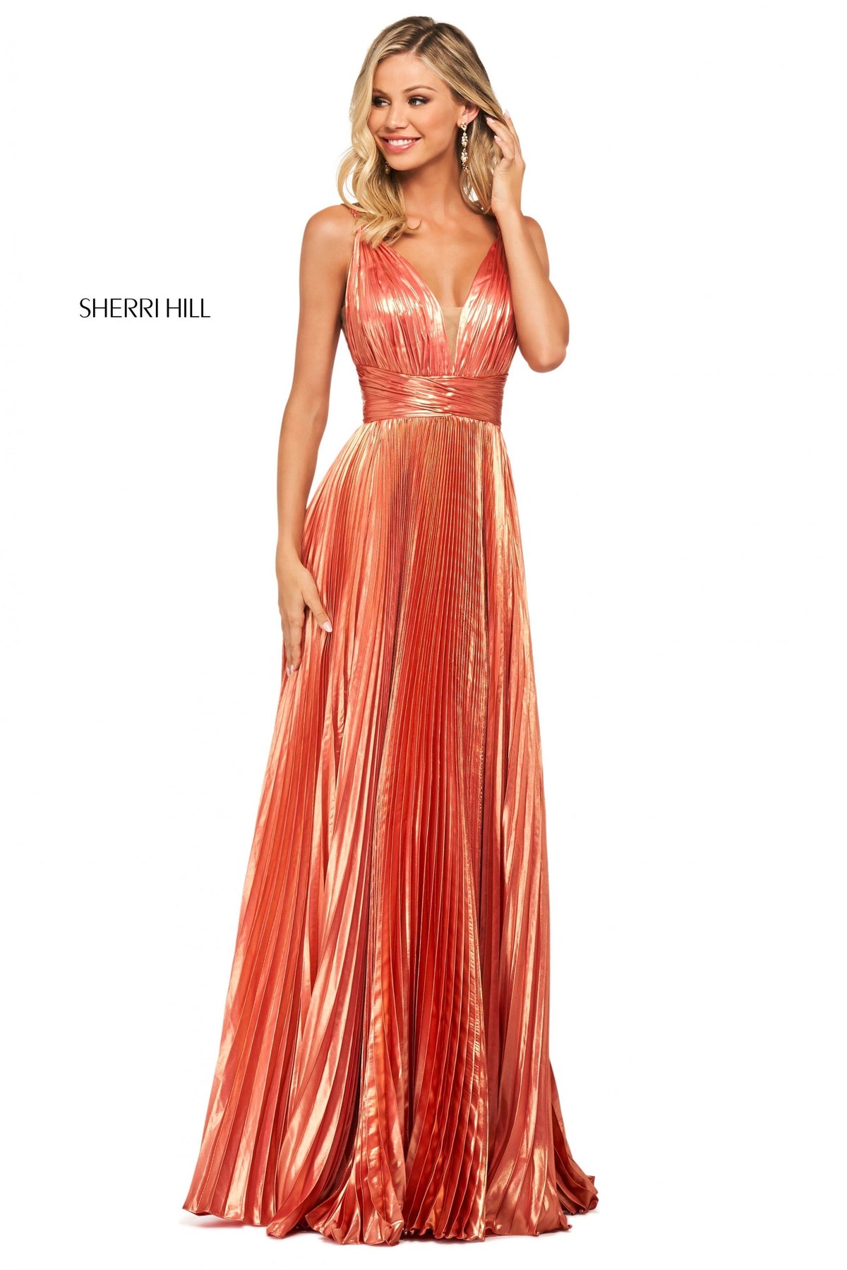 Sherri Hill 53737 knife pleated lamã© gown in coral
