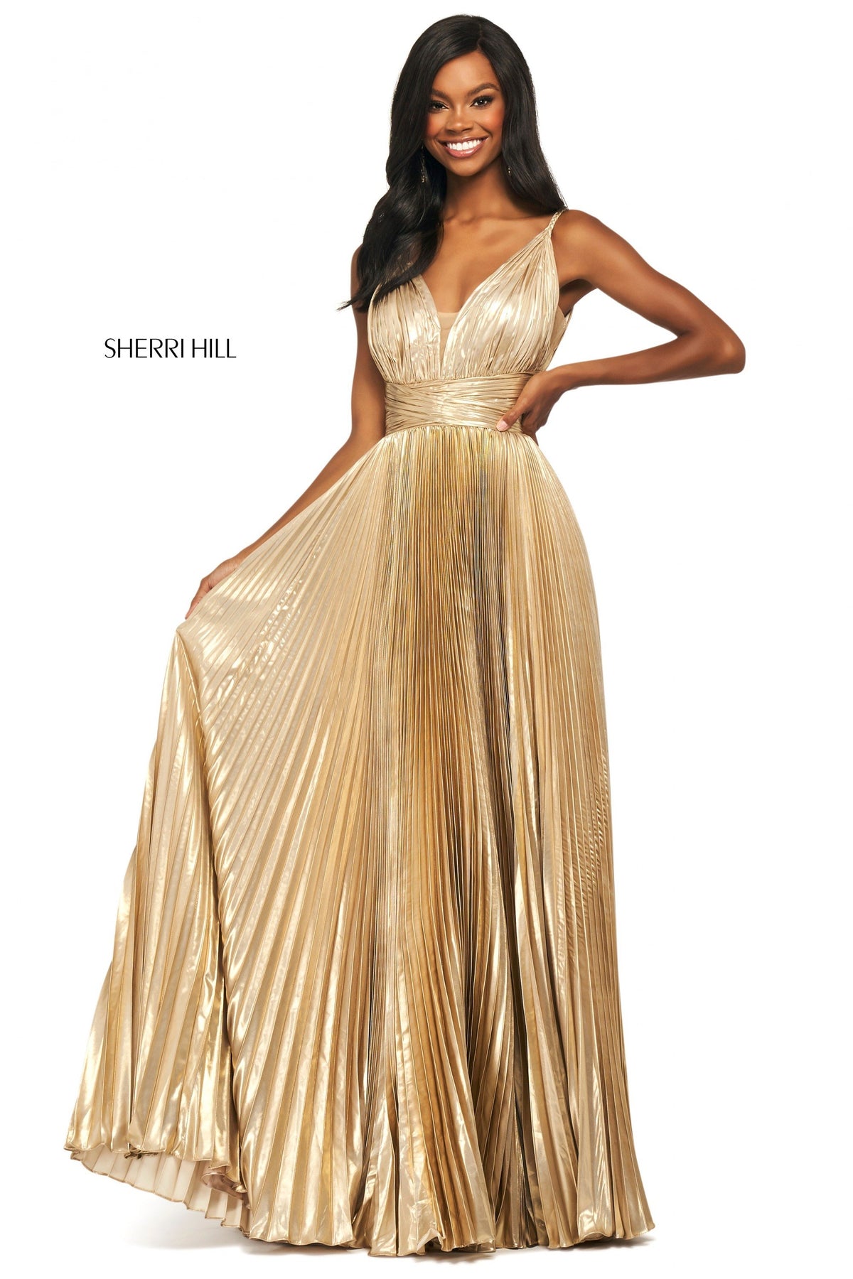 Sherri Hill 53737 knife pleated lamã© gown in gold