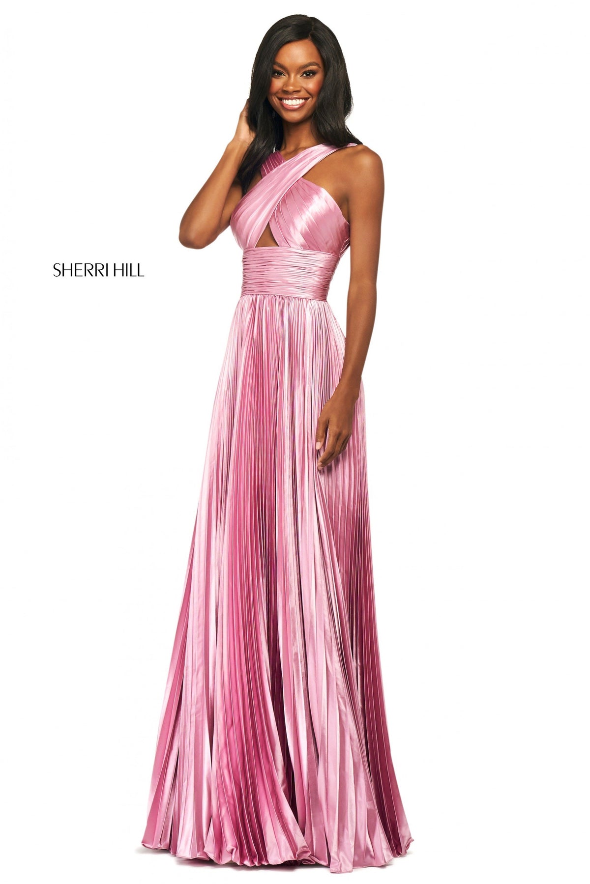 Sherri Hill 53762 knife pleated chiffon gown in rose