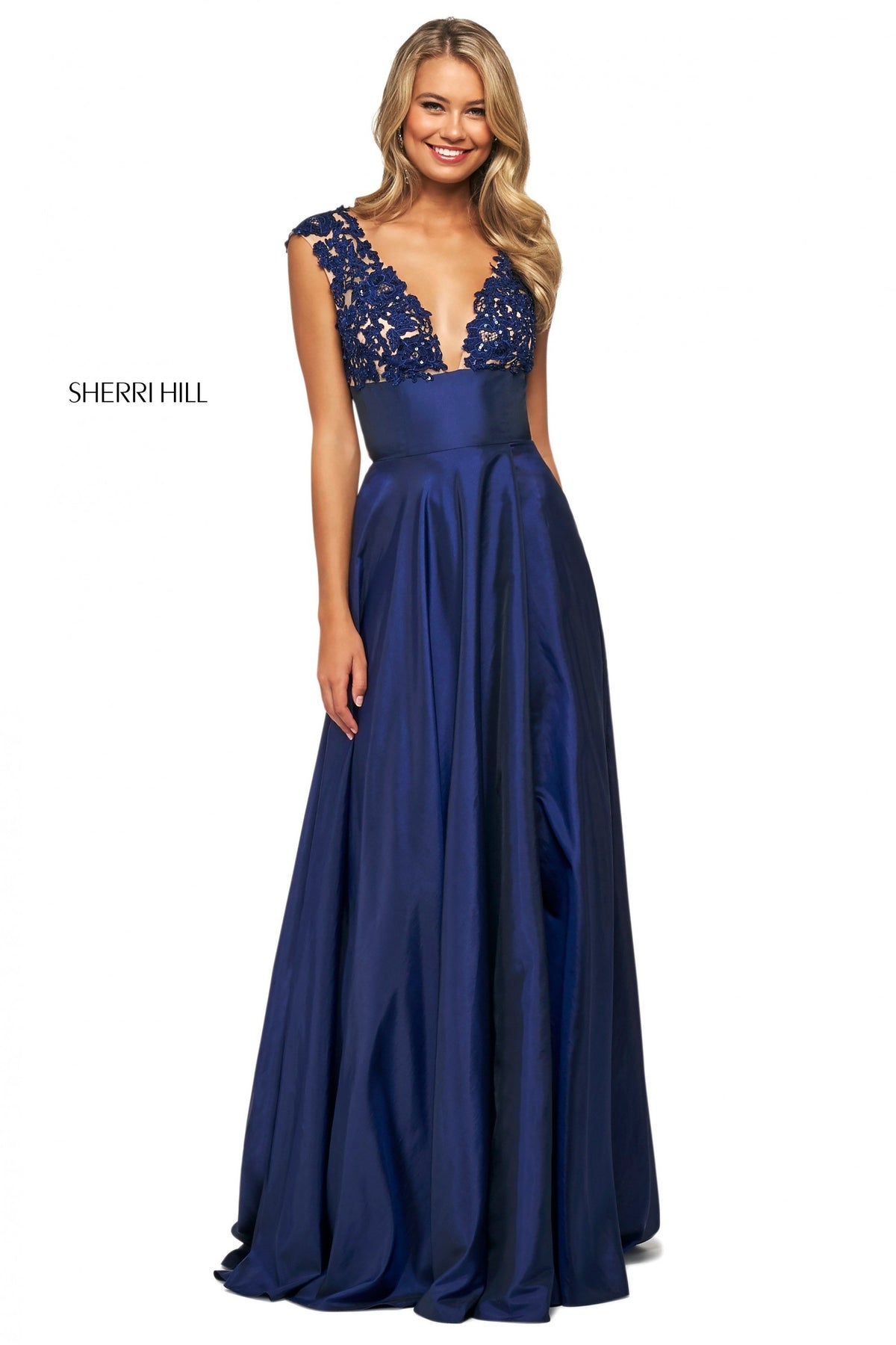 Sherri Hill 53767 taffeta A-line gown in navy