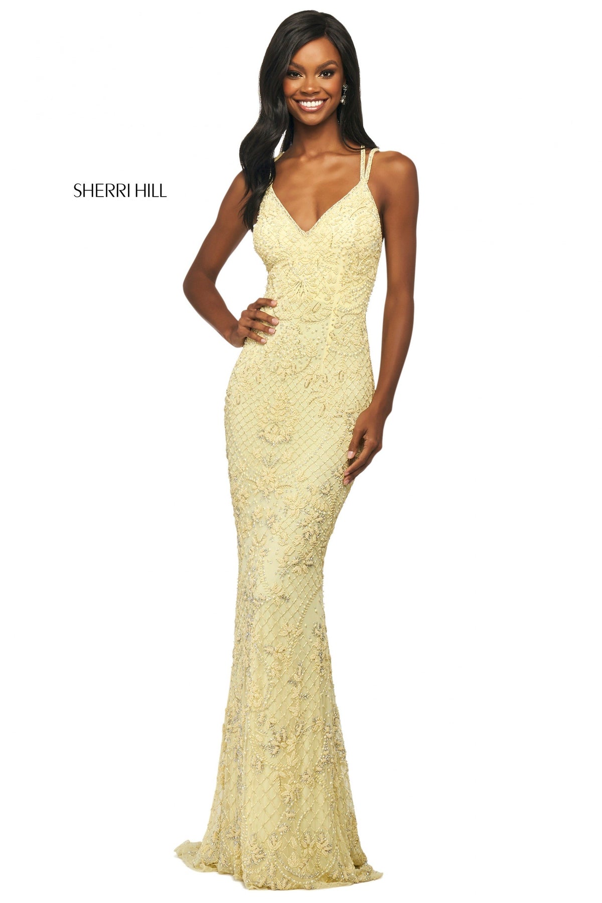Sherri Hill 53788 beaded fitted gown with V-neckline in yellow
