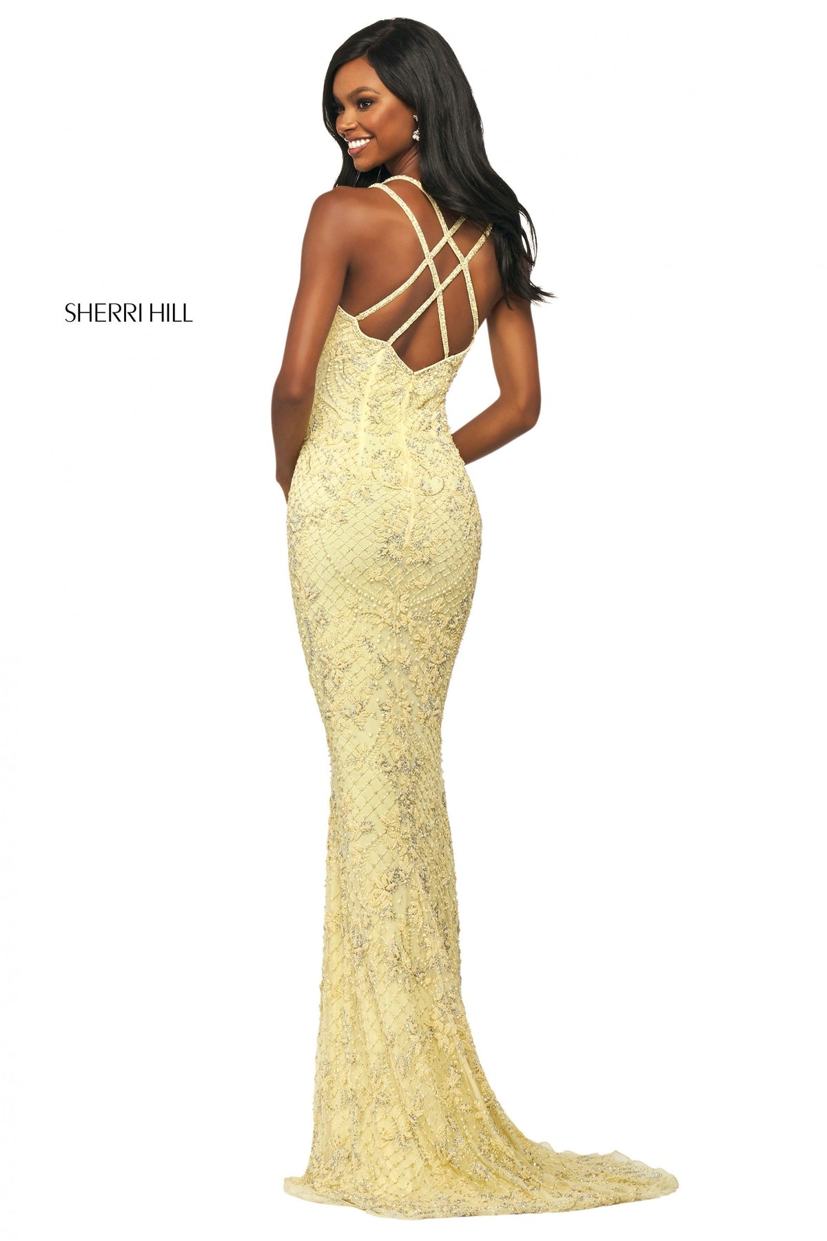 Sherri Hill 53788 beaded fitted gown with V-neckline