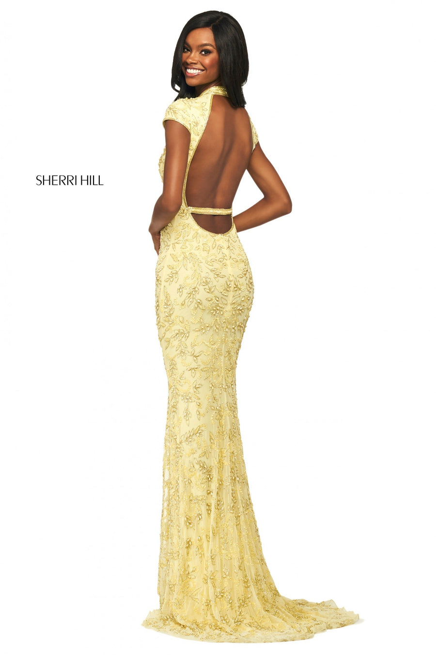 Sherri Hill style 53793 in blush, Beaded Column Dress with High Neckline