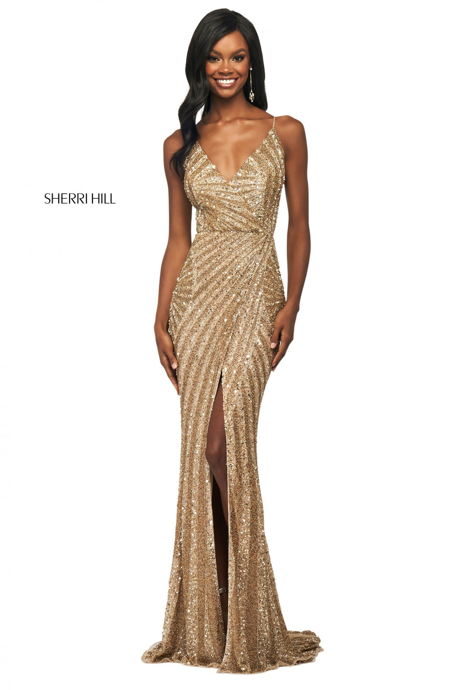 Sherri Hill style 53798 in navy/gunmetal, Sequin Gown with V Neckline