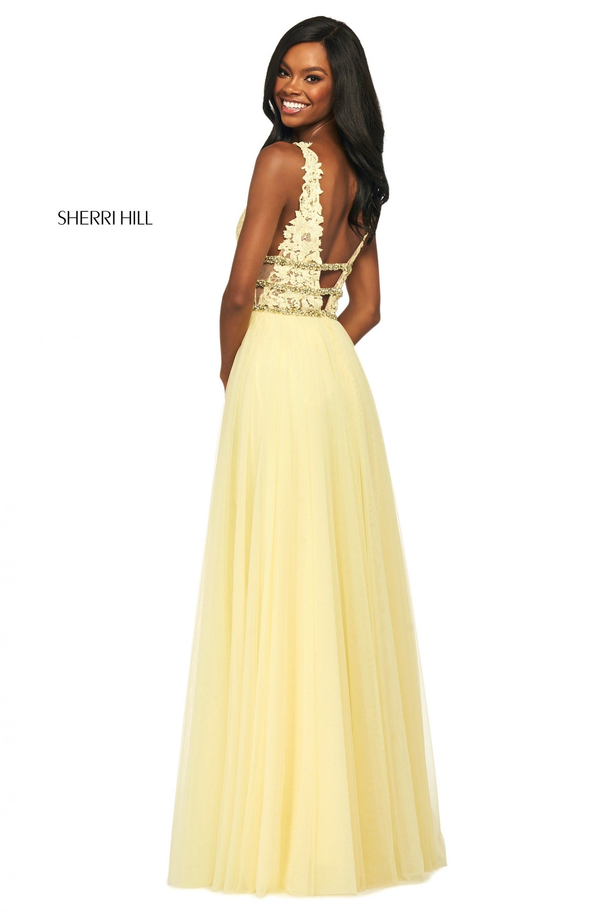 Sherri Hill 53806 lace bodice with and chiffon skirt