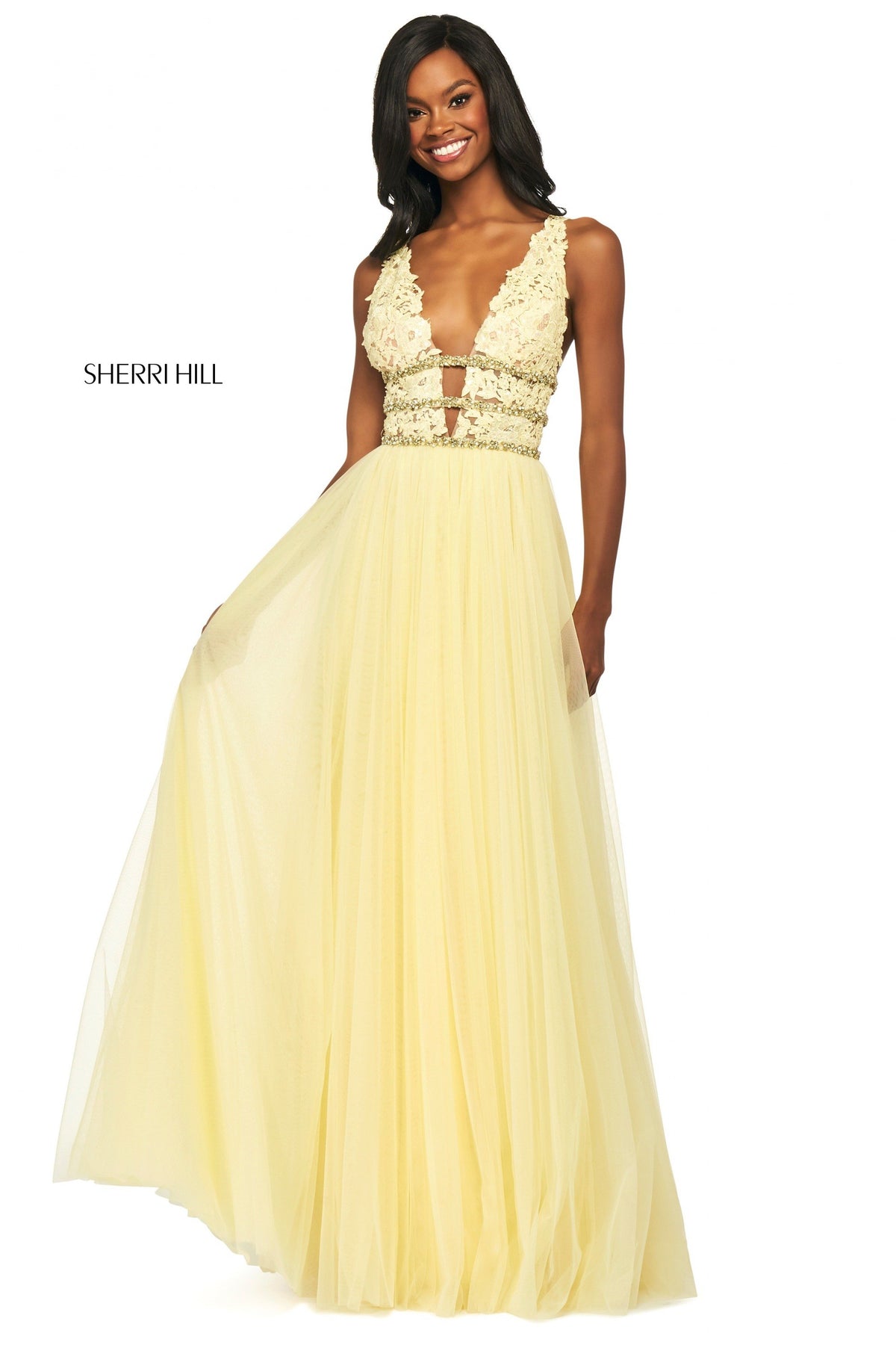 Sherri Hill 53806 lace bodice with and chiffon skirt in yellow