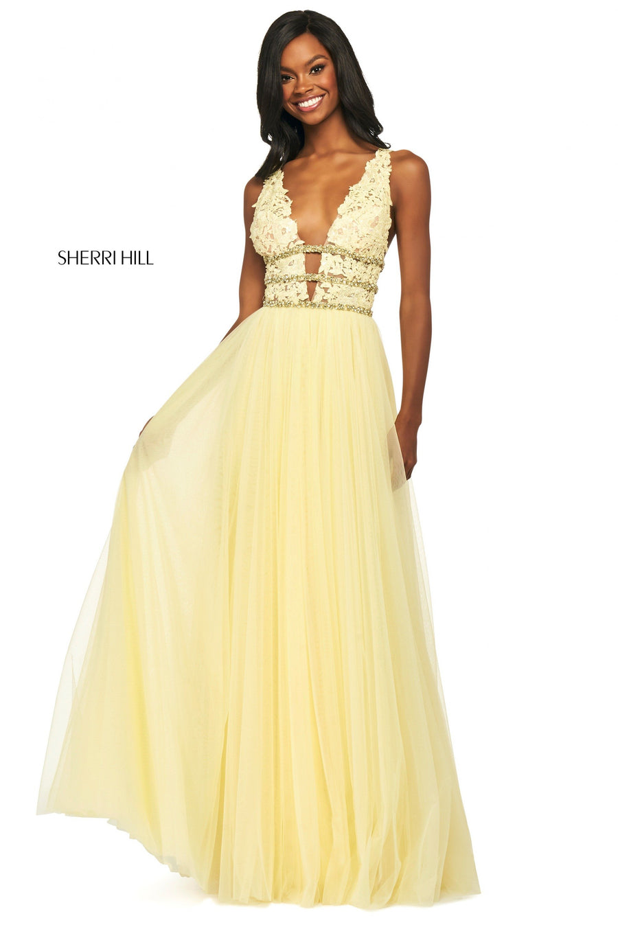 Sherri Hill style 53806 in yellow, Lace Bodice with and Chiffon Skirt